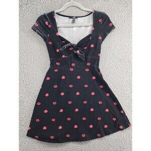 Forever 21 Dress Women's M Black Red Lips Print Tie Front Y2K Pinup